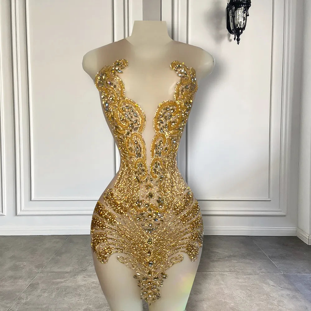 Sexy Sheer See Through Black Girl Short Prom Dress Golden Diamond Luxury Beaded Crystals Women Cocktail Party Gowns For Birthday Sexy Sheer See Through Black Girl Short Prom Dress Golden Diamond Luxury Beaded Crystals Women Cocktail Party Gowns For Birthday