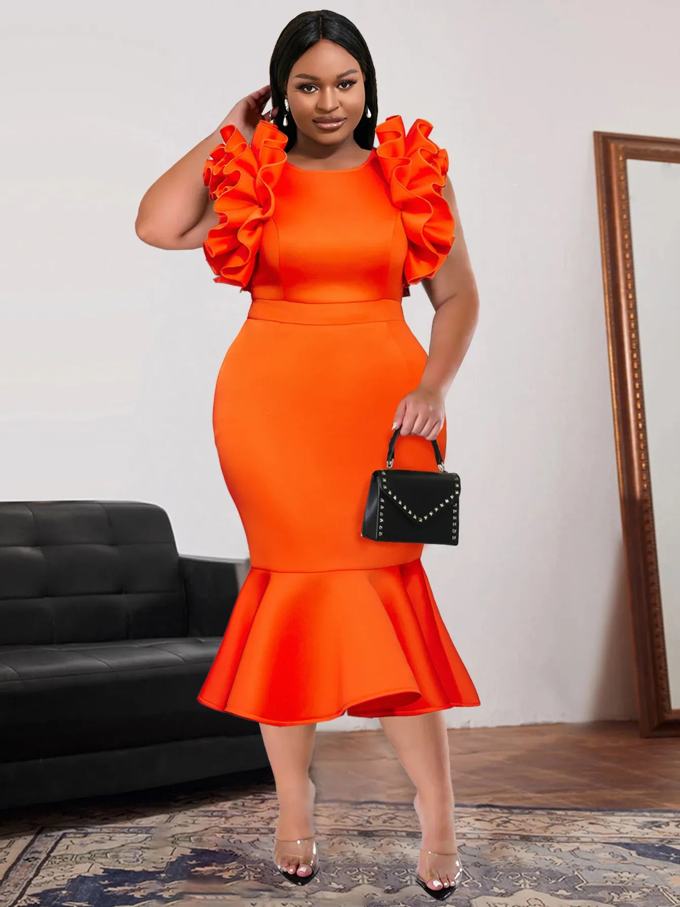 Aomei Women Big Size Dresses Orange Ruffles Sleeveless High Waist Bodycon Midi Evening Party Gowns Birthday Wedding Event Dress Aomei Women Big Size Dresses Orange Ruffles Sleeveless High Waist Bodycon Midi Evening Party Gowns Birthday Wedding Event Dress