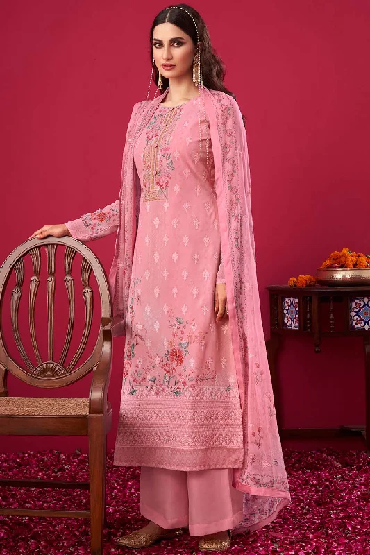 Faux Georgette Embroidered Suit Set Dress Material In Pink