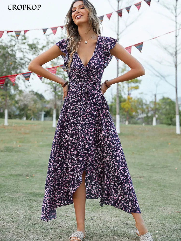 Summer Elegant Floral Long Dress Women Casual Bandage Irregular Slit Boho Beach Dress Fashion Green V Neck New In Dresses 2023 Summer Elegant Floral Long Dress Women Casual Bandage Irregular Slit Boho Beach Dress Fashion Green V Neck New In Dresses 2023