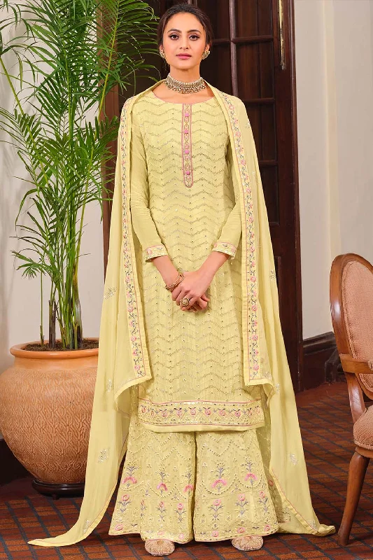 Chinon Chiffon Embroidered Sharara Dress Material In Yellow
