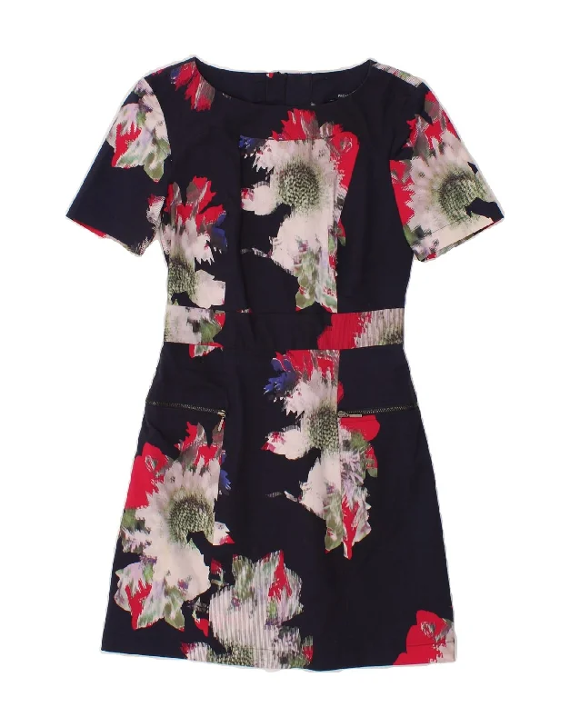 FRENCH CONNECTION Womens A-Line Dress UK 8 Small  Navy Blue Floral Cotton
