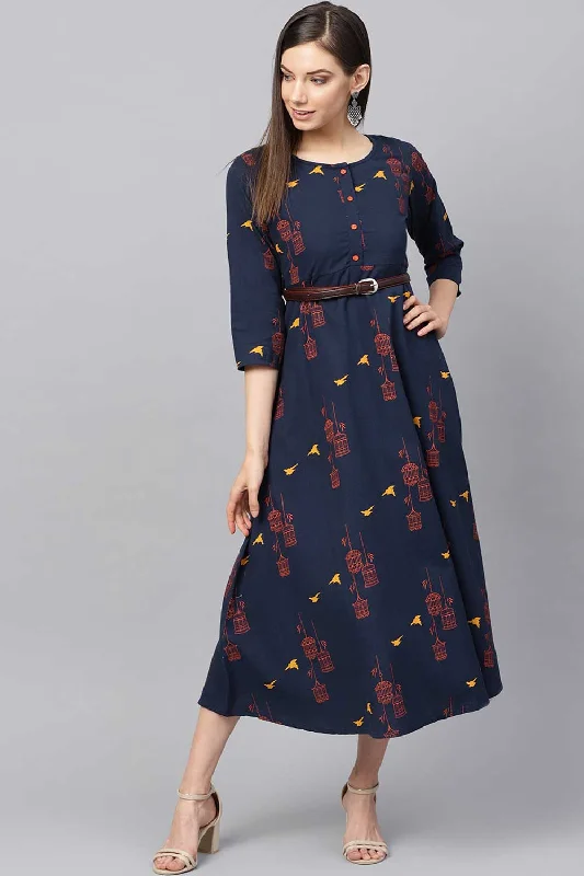 Blended Cotton Abstract Printed Dress In Navy Blue