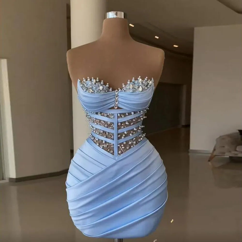Sky Blue Cocktail Dresses 2022 Sweetheart Bead Sheath Mini Evening Formal Gown Pleat Satin Elegant Dress Women For Wedding Party