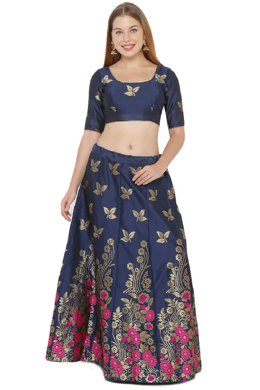 Art Silk Foil Print Lehenga Choli Dress Material In Navy Blue And Pink