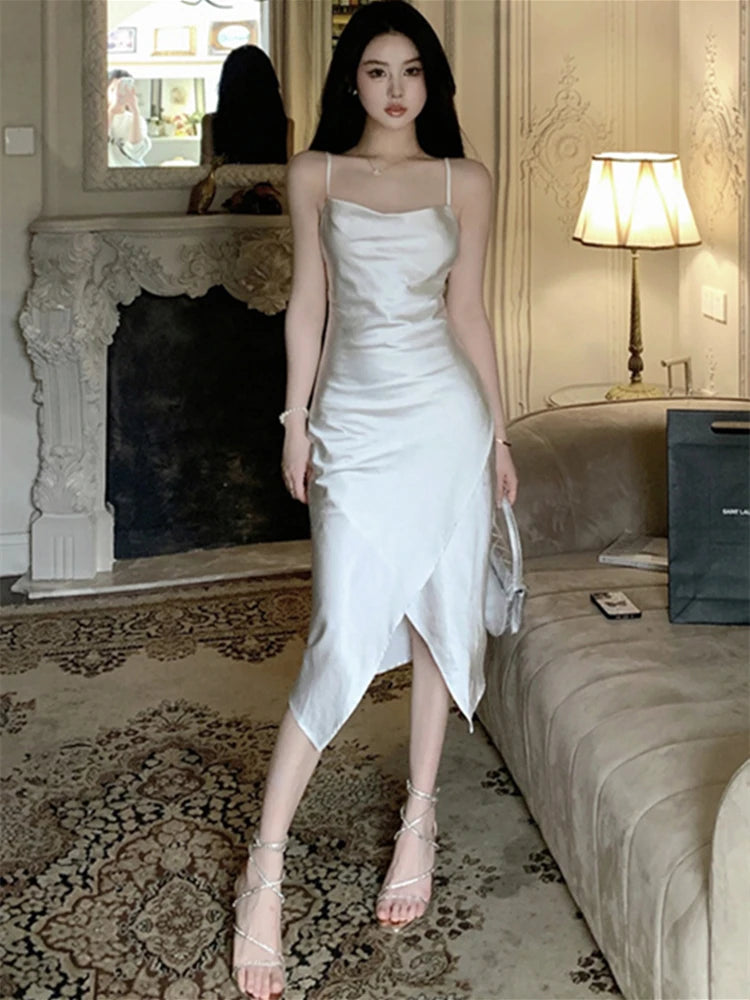 Summer Women New Spaghetti Strap Elegant Party Midi White Satin Dress Female Fashion Sexy Ladies Sleeveless Clothes Summer Women New Spaghetti Strap Elegant Party Midi White Satin Dress Female Fashion Sexy Ladies Sleeveless Clothes