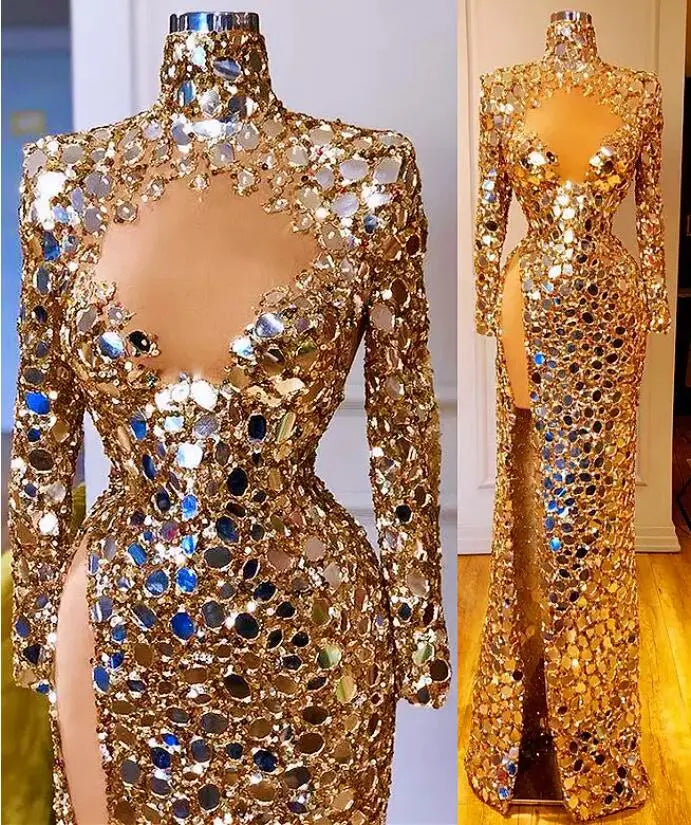 Arabic Aso Ebi Gold Sequined mirror Prom Dresses Long Sleeves High Split Evening Formal Party Second Reception Gowns Dress Arabic Aso Ebi Gold Sequined mirror Prom Dresses Long Sleeves High Split Evening Formal Party Second Reception Gowns Dress