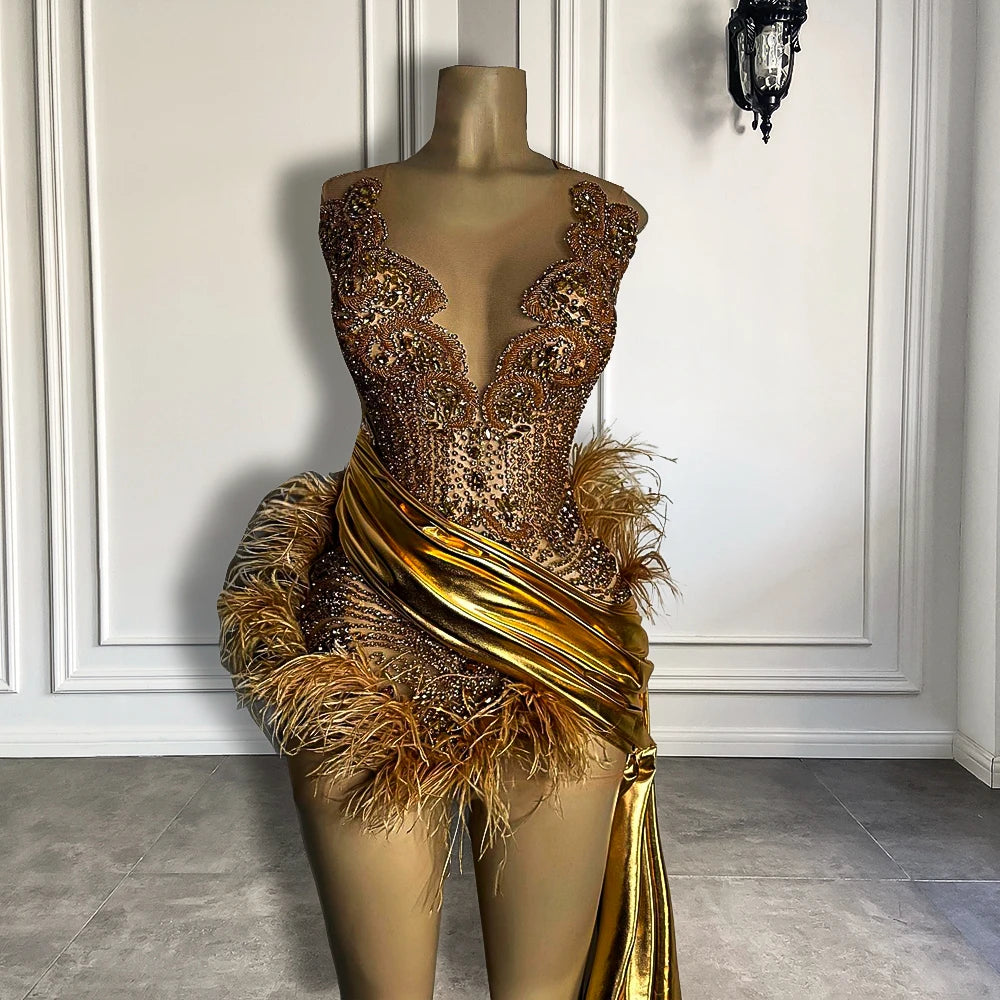 Luxury Gold Diamond Formal Occasion Cocktail Dresses Sheer Sexy See Through Black Girls Feather Short Prom Dresses 2023 Birthday Luxury Gold Diamond Formal Occasion Cocktail Dresses Sheer Sexy See Through Black Girls Feather Short Prom Dresses 2023 Birthday