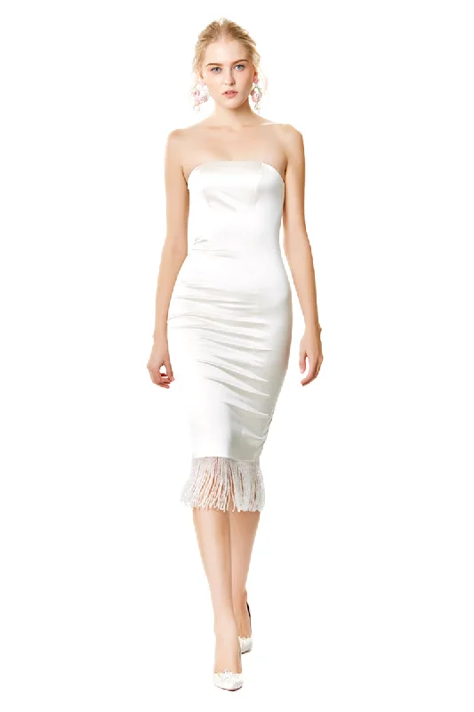 Silk Satin Strapless Dress with Crystal Fringes