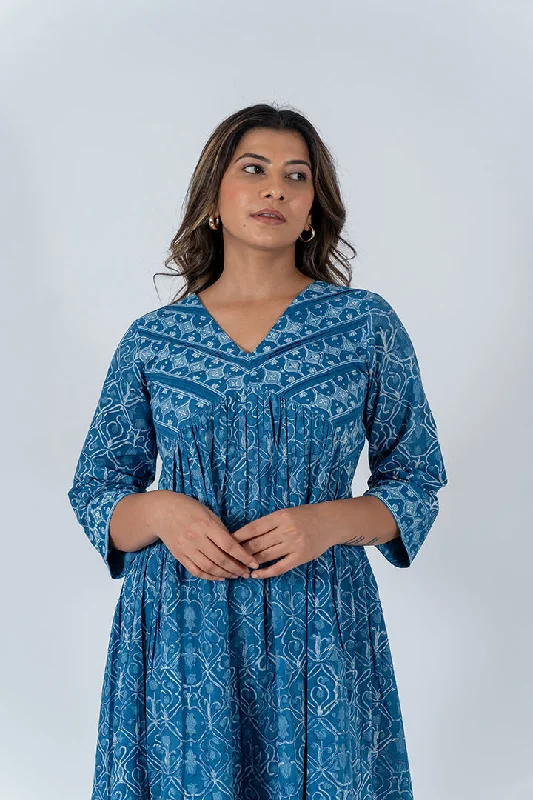 Cotton Hand Blocked Printed Dress - Indigo