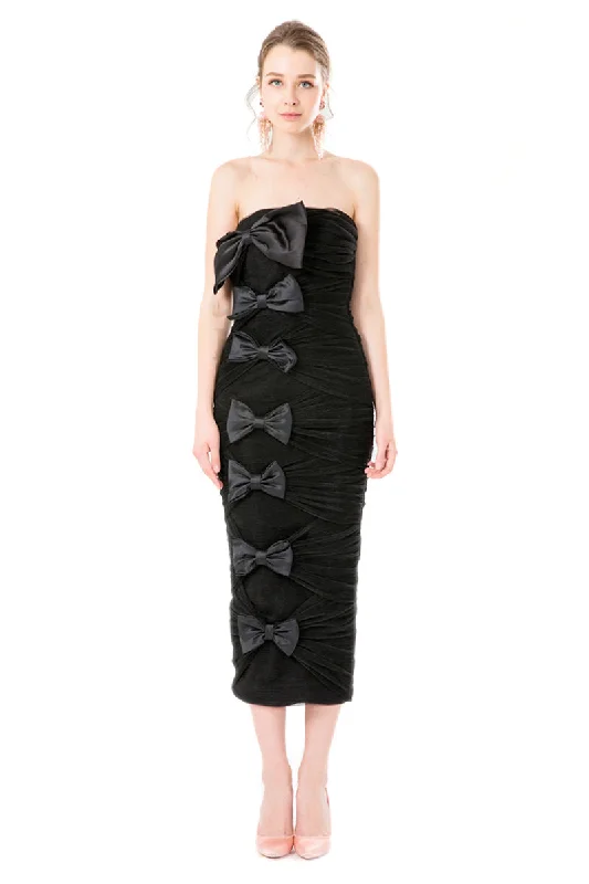 Silk Gazar Ribbon Embellished Draped Tulle Strapless Dress in Black