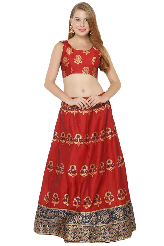 Art Silk Foil Print Lehenga Choli Dress Material In Red And Blue