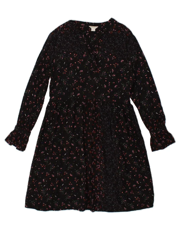 MONSOON Womens Long Sleeve A-Line Dress UK 14 Large Black Floral Viscose