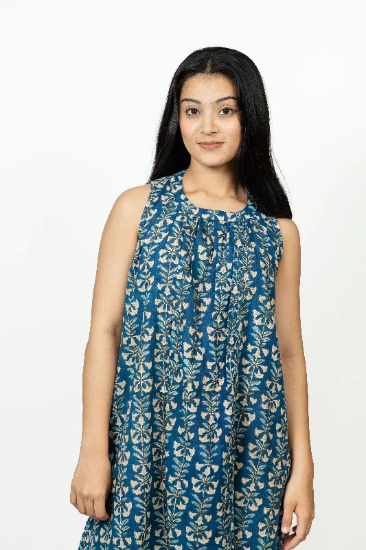 Cotton Hand Block Printed Dress - Blue