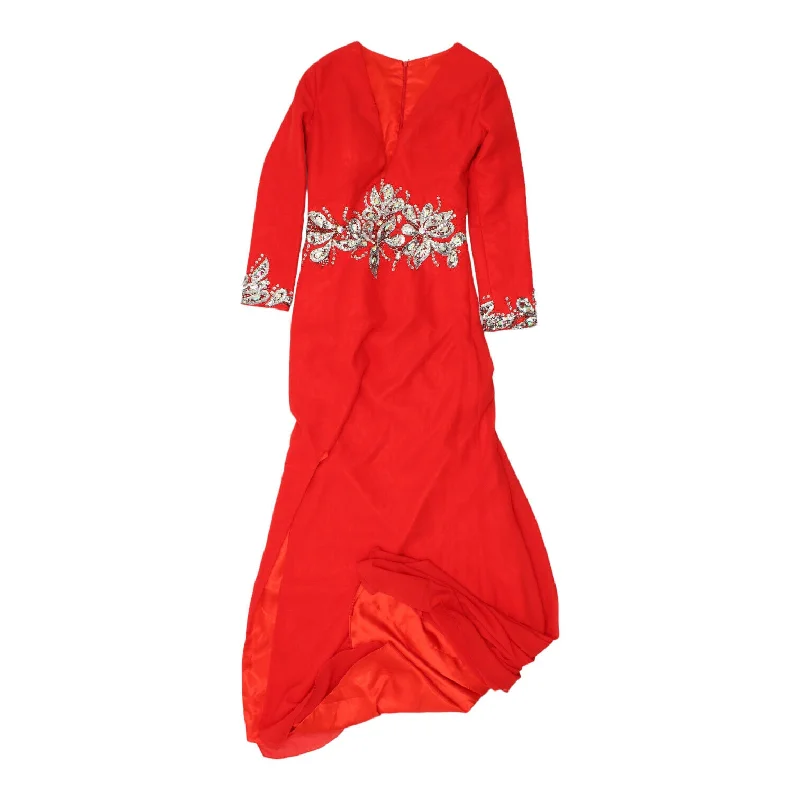 Vintage Womens Red Long Sleeve V Neck Evening Dress | Luxury High End Gown VTG