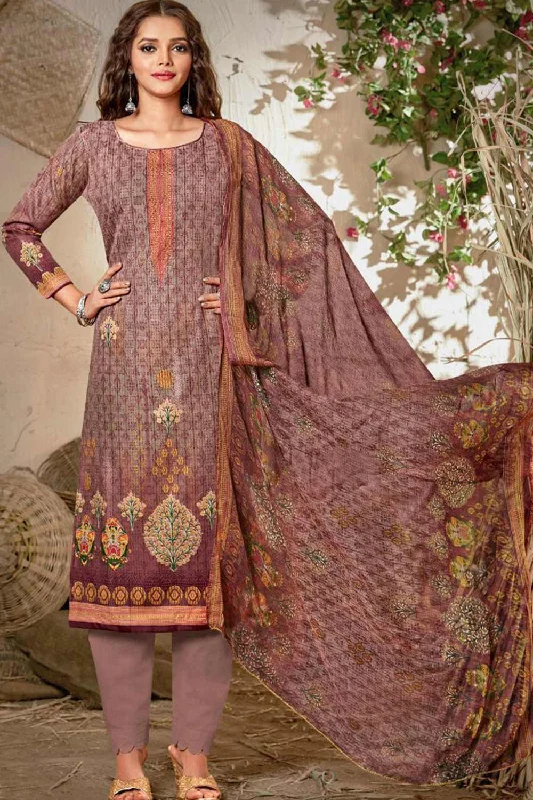 Blended Cotton Abstract Print Suit Set Dress Material In Light Brown