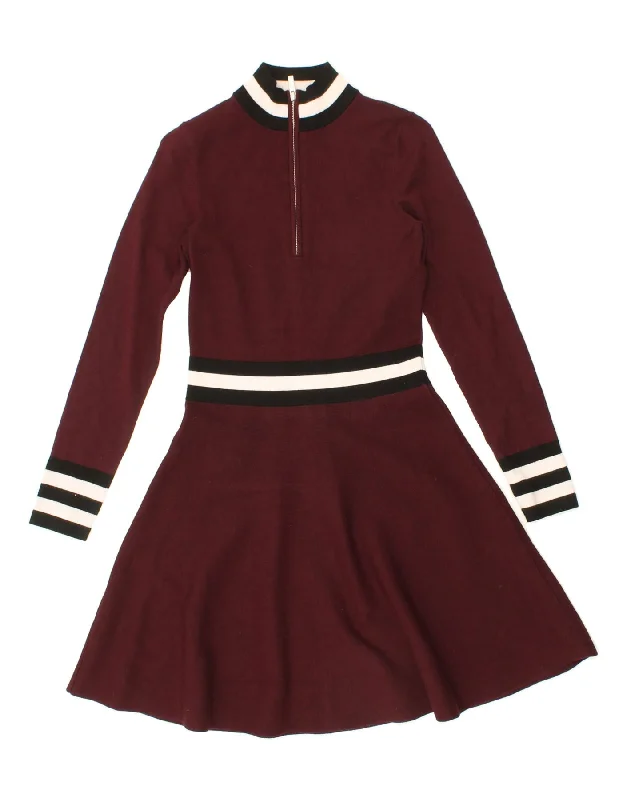 KAREN MILLEN Womens Zip Neck Jumper Dress UK 12 Medium Burgundy Striped