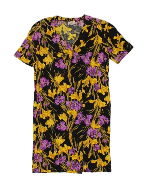 VINTAGE Womens Short Sleeves Shift Dress IT 50 XL Black Floral