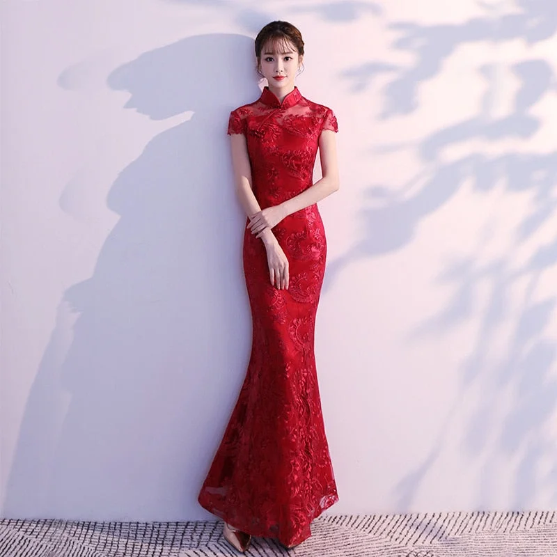 Lace Mermaid Chinese Style Lady Cheongsam Long Tight Elegant Dress Big Size 3XL Vestidso Vintage Red Bride Wedding Qipao S-203 Lace Mermaid Chinese Style Lady Cheongsam Long Tight Elegant Dress Big Size 3XL Vestidso Vintage Red Bride Wedding Qipao S-203