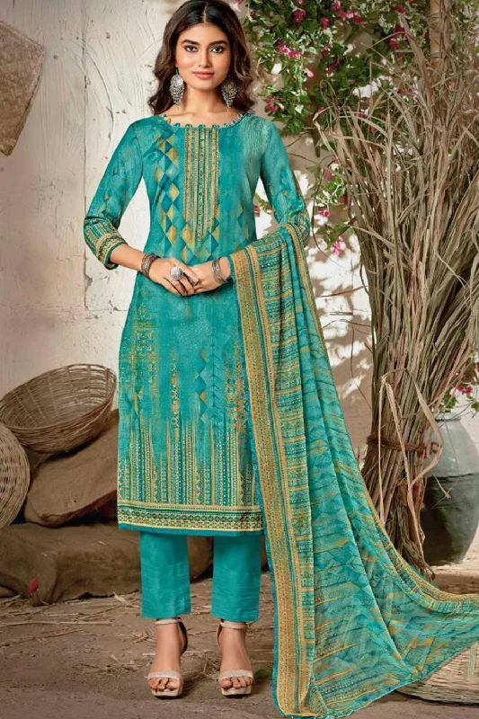 Blended Cotton Abstract Print Suit Set Dress Material In Sky Blue