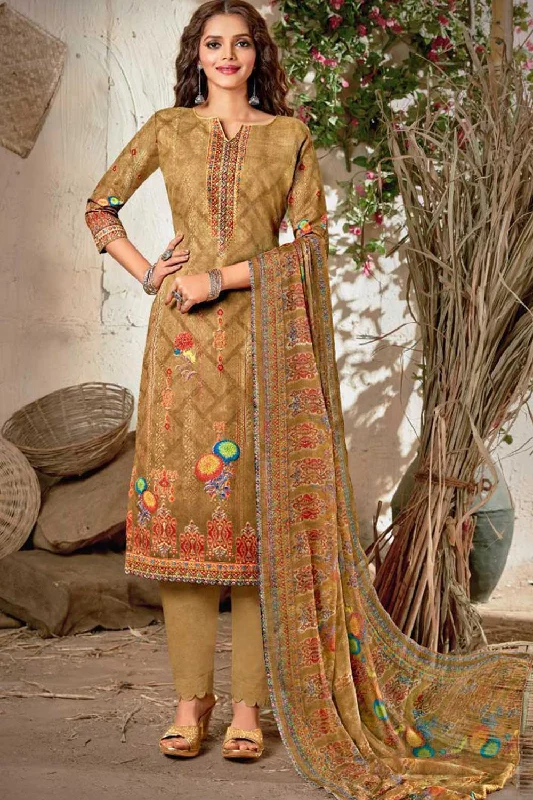 Blended Cotton Abstract Print Suit Set Dress Material In Beige