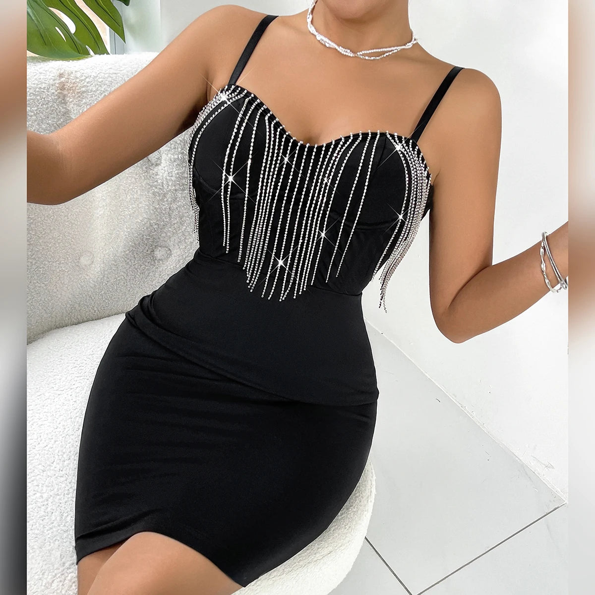 Vemina Fashion Sexy Club Party Glitter Rhinestone Chain TASSEL Halter Dress,Nightclub Backless Spaghetti Strap Slim Hip Skirt Vemina Fashion Sexy Club Party Glitter Rhinestone Chain TASSEL Halter Dress,Nightclub Backless Spaghetti Strap Slim Hip Skirt