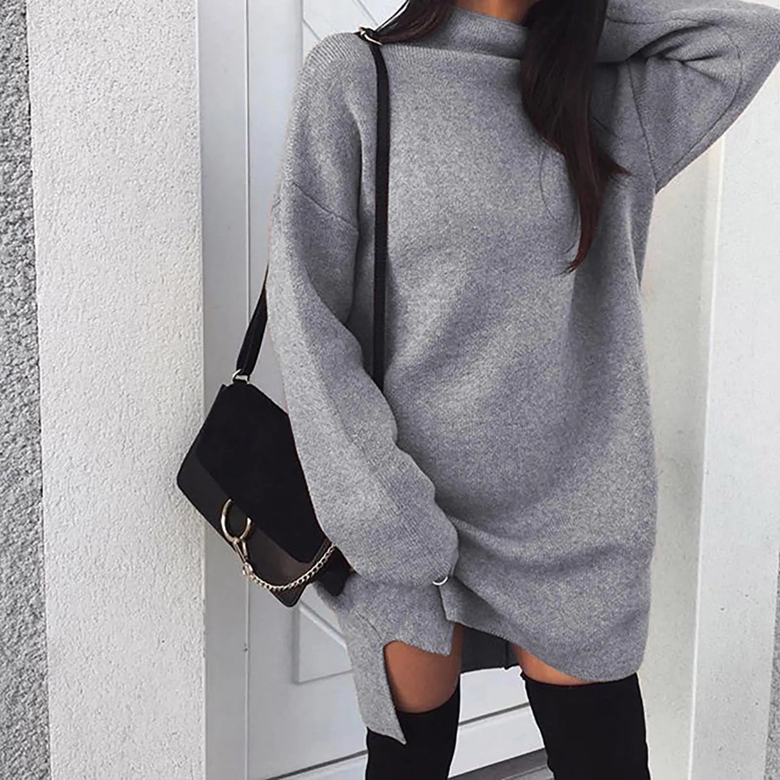 2024 Women Casual Turtleneck Long Sleeve Sexy Mini Dress Solid Color Loose Evening Party Dresses Elegant Glamorous Daily Costume