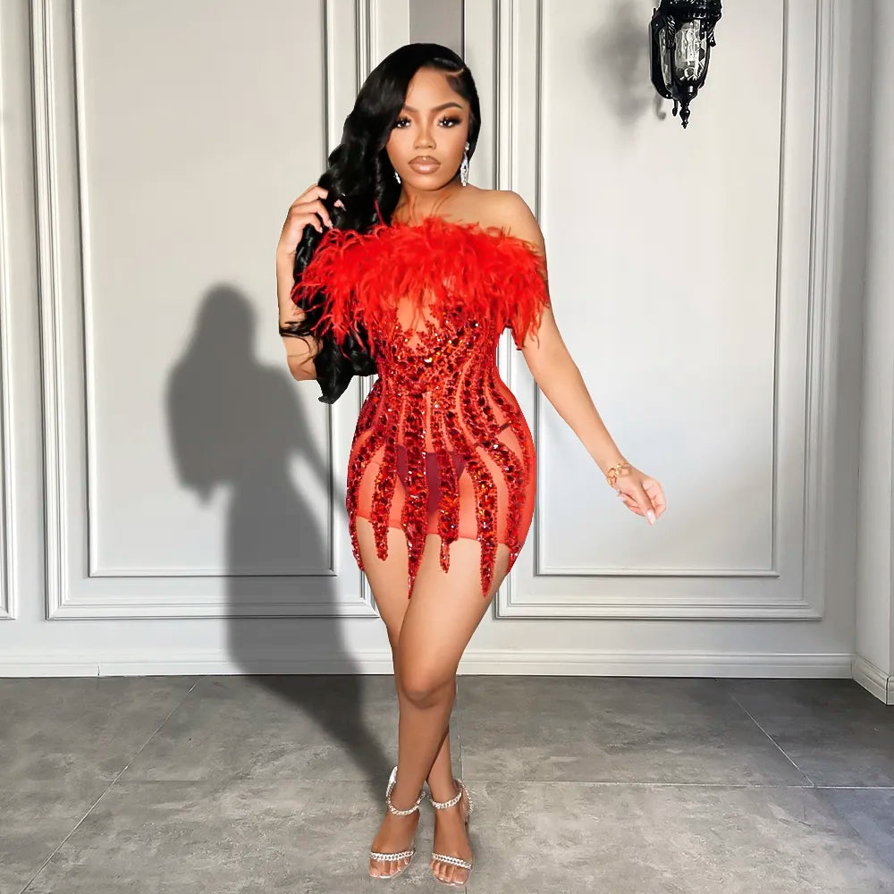 Sexy See Through Handmade Beaded Women Cocktail Gowns Red Feather Black Girls Mini Birthday Party Short Prom Dresses 2023 Sexy See Through Handmade Beaded Women Cocktail Gowns Red Feather Black Girls Mini Birthday Party Short Prom Dresses 2023