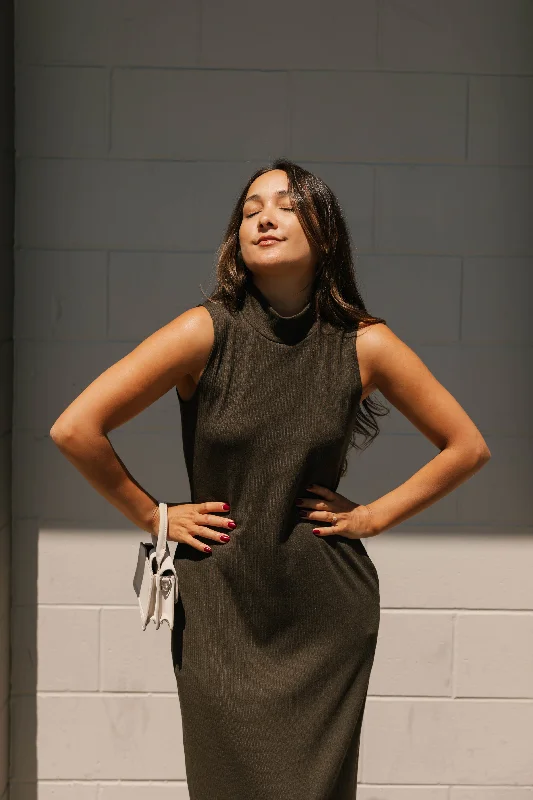 Gabriela Rib Dress in Deep Olive Green