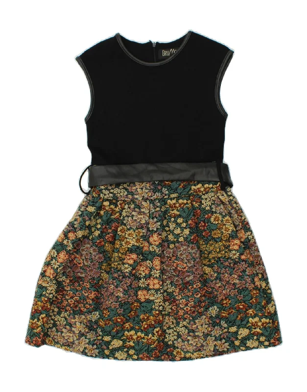 VINTAGE Womens Sleeveless A-Line Dress UK 8 Small Black Floral Cotton