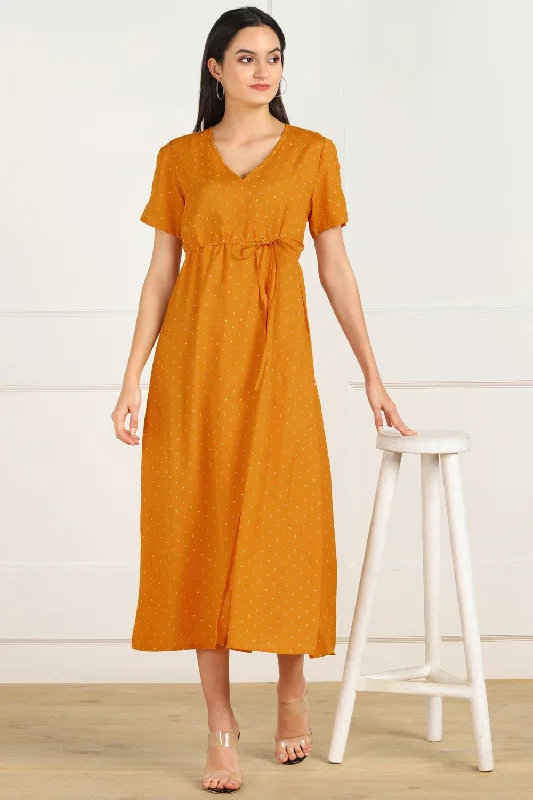 Polyester Polka Dots Dress In Yellow And White