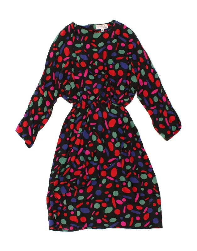 VINTAGE Womens 3/4 Sleeve A-Line Dress UK 12 Medium Black Spotted Silk