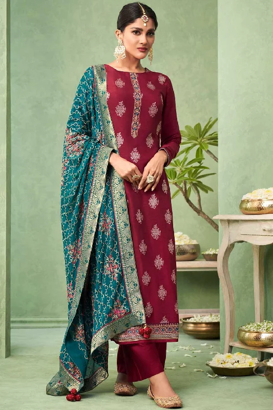Dola Art Silk Embroidered Suit Set Dress Material In Maroon