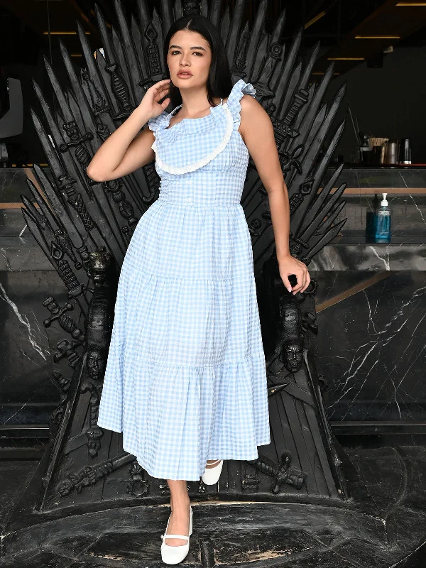 Odette Blue Seer Sucker Cotton Checks Dress For Women
