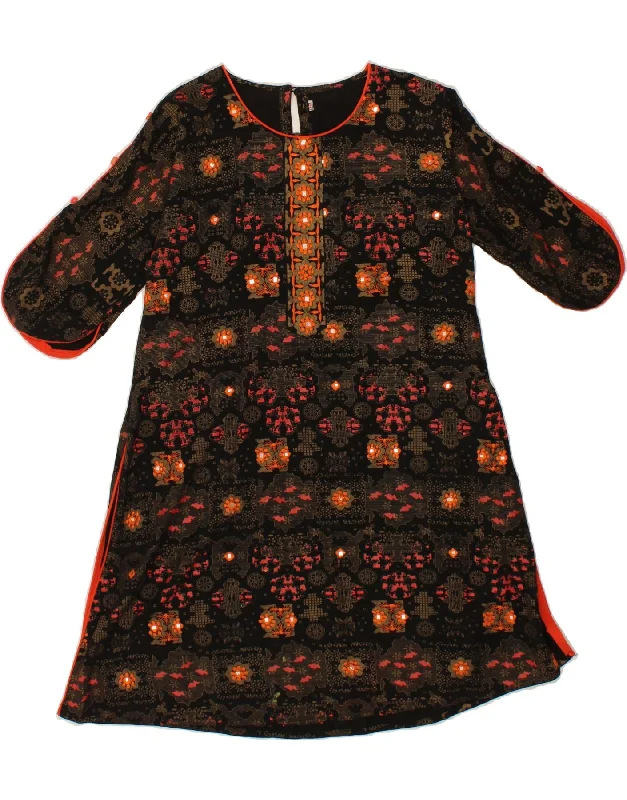 VINTAGE Womens Abstract Pattern 3/4 Sleeve A-Line Dress EU 36 Small Black