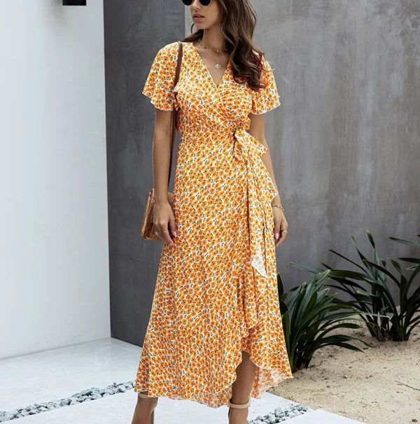 Daisy Fragmented Flowers Summer Sexy V-neck Ruffle Edge Dresses Lace Up Short Sleeve Long Commuter Elegant Fresh Sunflower Dress Daisy Fragmented Flowers Summer Sexy V-neck Ruffle Edge Dresses Lace Up Short Sleeve Long Commuter Elegant Fresh Sunflower Dress