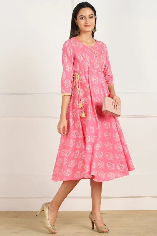 Blended Cotton Ikat Dress In Pink And Gold