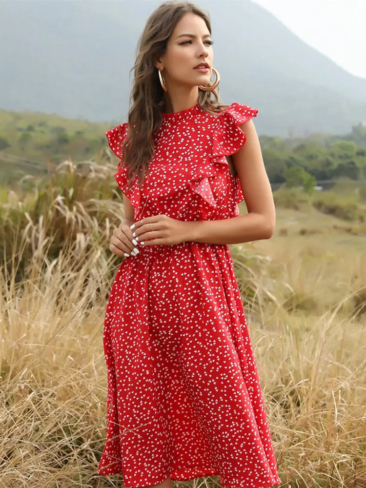 Msfilia Summer Ladies Elegant Dot Print Chic Dress Women Butterfly Sleeve Ruffles Medium Long Chiffon Dress Msfilia Summer Ladies Elegant Dot Print Chic Dress Women Butterfly Sleeve Ruffles Medium Long Chiffon Dress