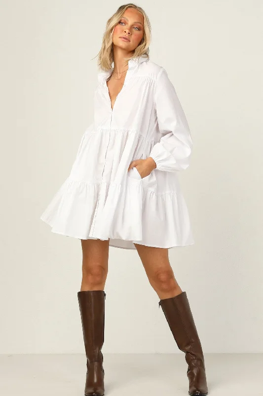 Blended Cotton Solid Dress In White