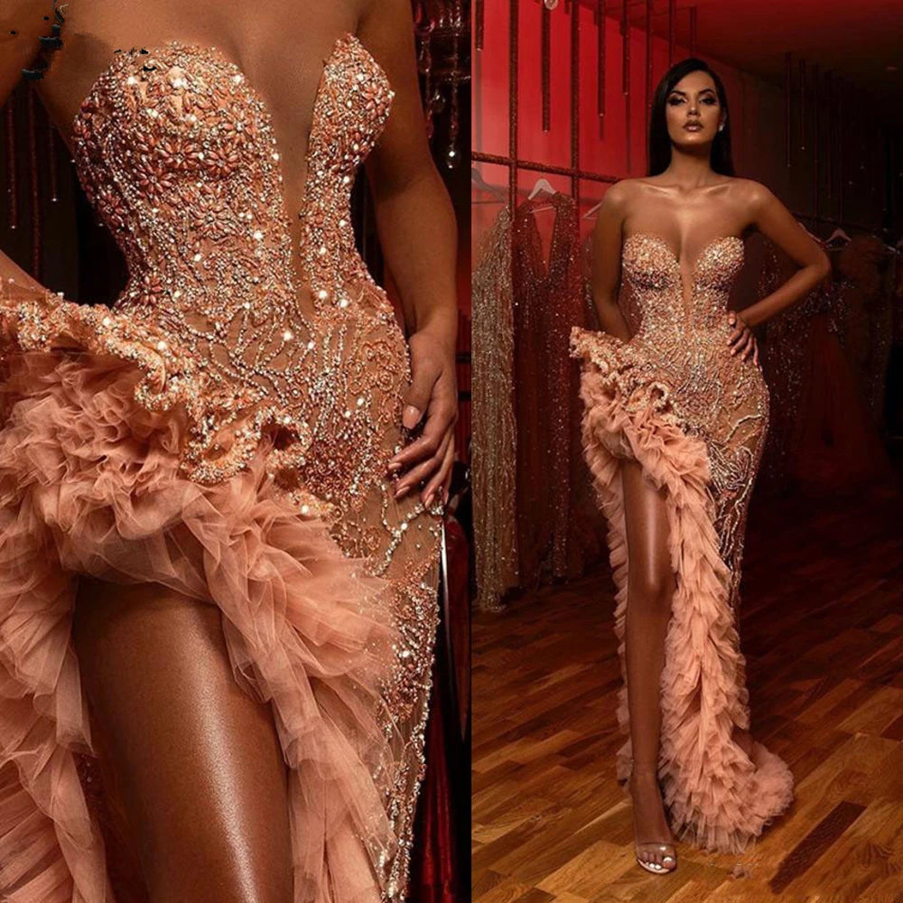 Aso Ebi Champagne Blush Mermaid Prom Dresses 2023 Sparkly Beaded Ruffles High Slit Sweetheart Arabic Evening Party Occasion Gown Aso Ebi Champagne Blush Mermaid Prom Dresses 2023 Sparkly Beaded Ruffles High Slit Sweetheart Arabic Evening Party Occasion Gown