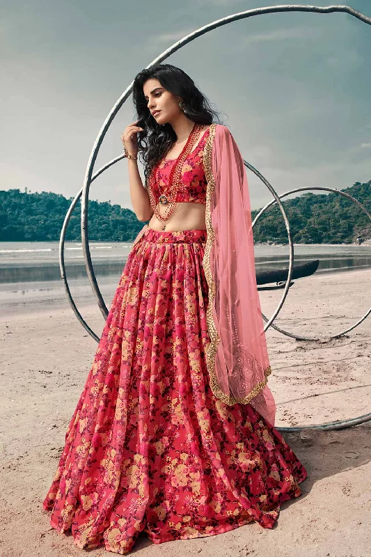 Organza Floral Print Lehenga Choli Dress Material In Red