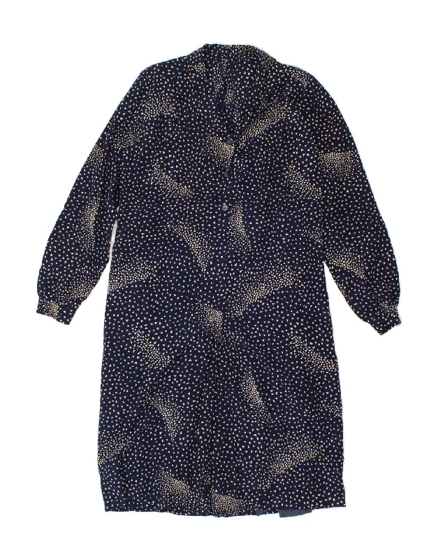 VINTAGE Womens Long Sleeve Basic Dress UK 12 Medium Navy Blue Geometric