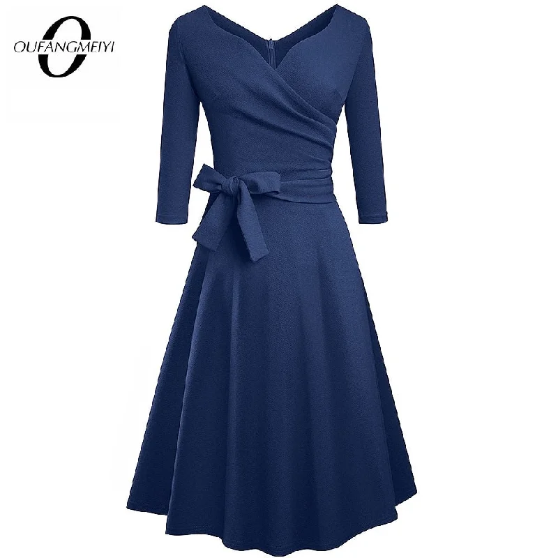 Women Classic Vintage Sexy V Neck Bow Party Casual Elegant Charming A Line Dress EA240 Women Classic Vintage Sexy V Neck Bow Party Casual Elegant Charming A Line Dress EA240