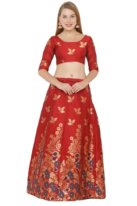 Art Silk Foil Print Lehenga Choli Dress Material In Red And Blue