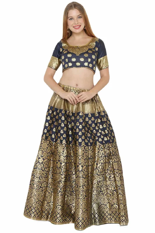 Art Silk Foil Print Lehenga Choli Dress Material In Navy Blue And Gold