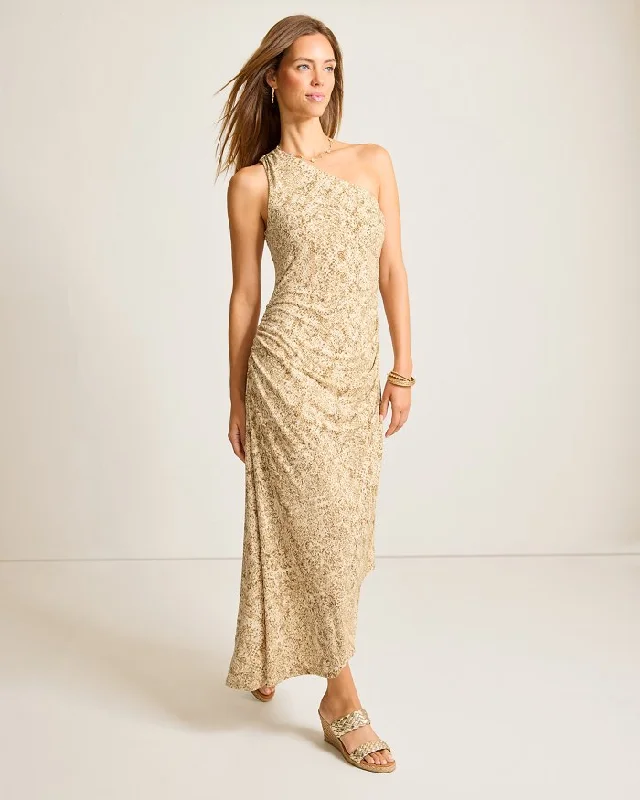 Tommy Bahama Womens Playa Python Maxi One-Shoulder Dress