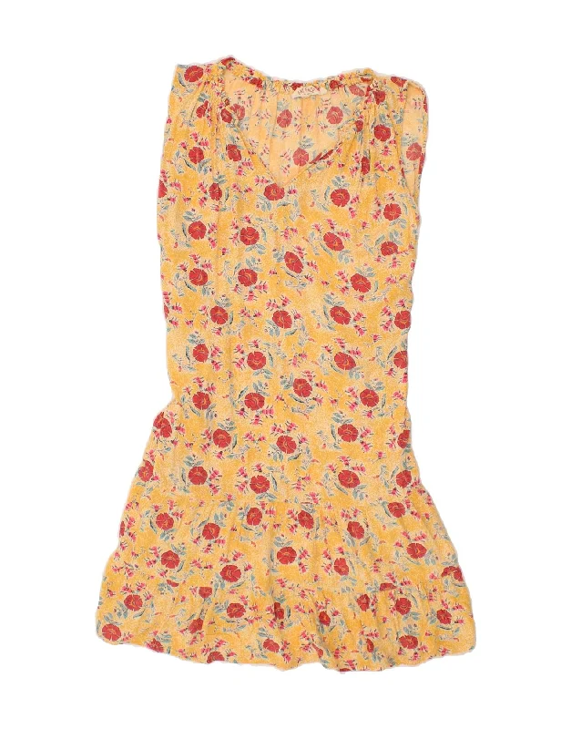 FAT FACE Womens Sleeveless Drop Waist Dress UK 12 Medium Yellow Floral