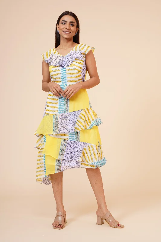 Women's Lemon Printed Georgette  Ruffle Party Evening  Dress