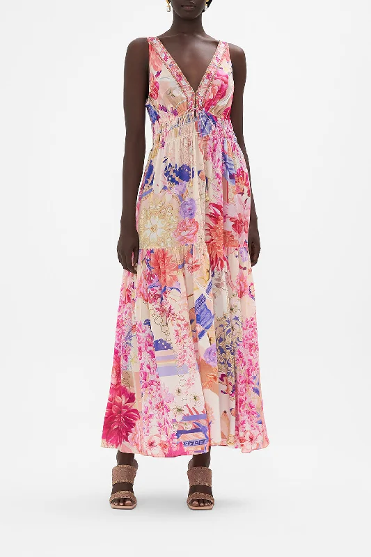 SHIRRED WAIST DETAIL LONG DRESS ROSE BED RENDEZVOUS