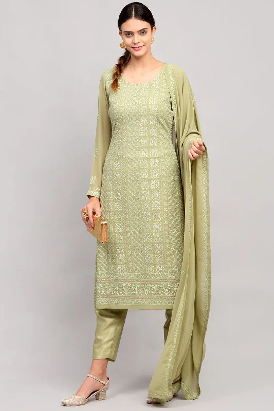 Faux Georgette Embroidered Suit Set Dress Material In Green